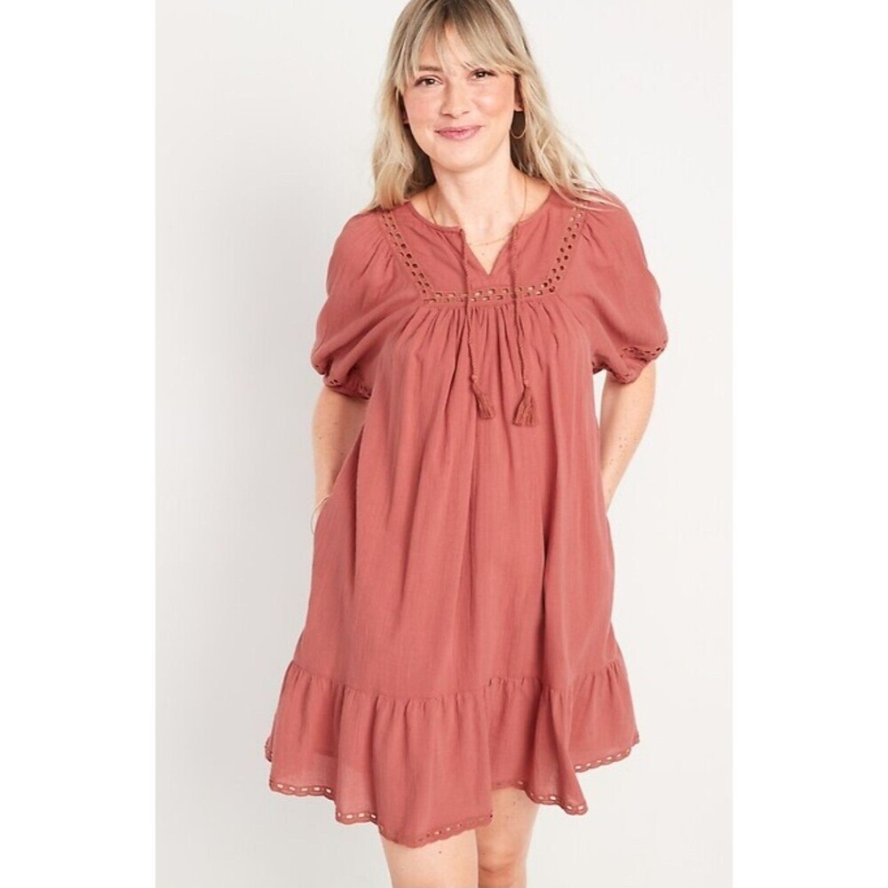 Old Navy Women Rose Terracotta Eyelet Puff Sleeve Tassel Mini Dress Small Cotton
